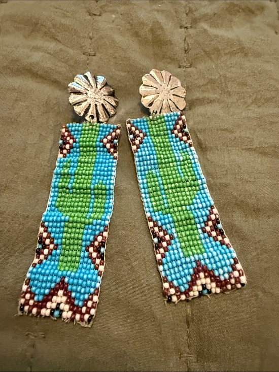 Jewelry - Handmade Beaded Cactus Dangle Earrings - Turquoise & Green